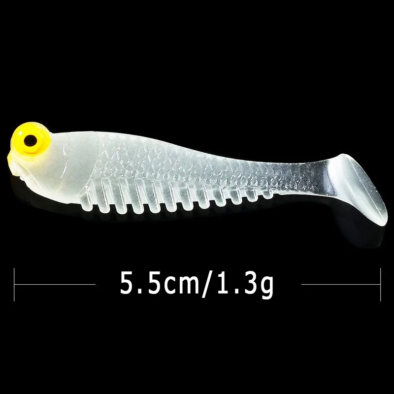 소프트 발광 낚시 루어, 인공 실리콘 미끼, 웜 바다 워블러 스윔베이트, 배스 태클용, 5.5cm, 1.2g, 로트당 10 개