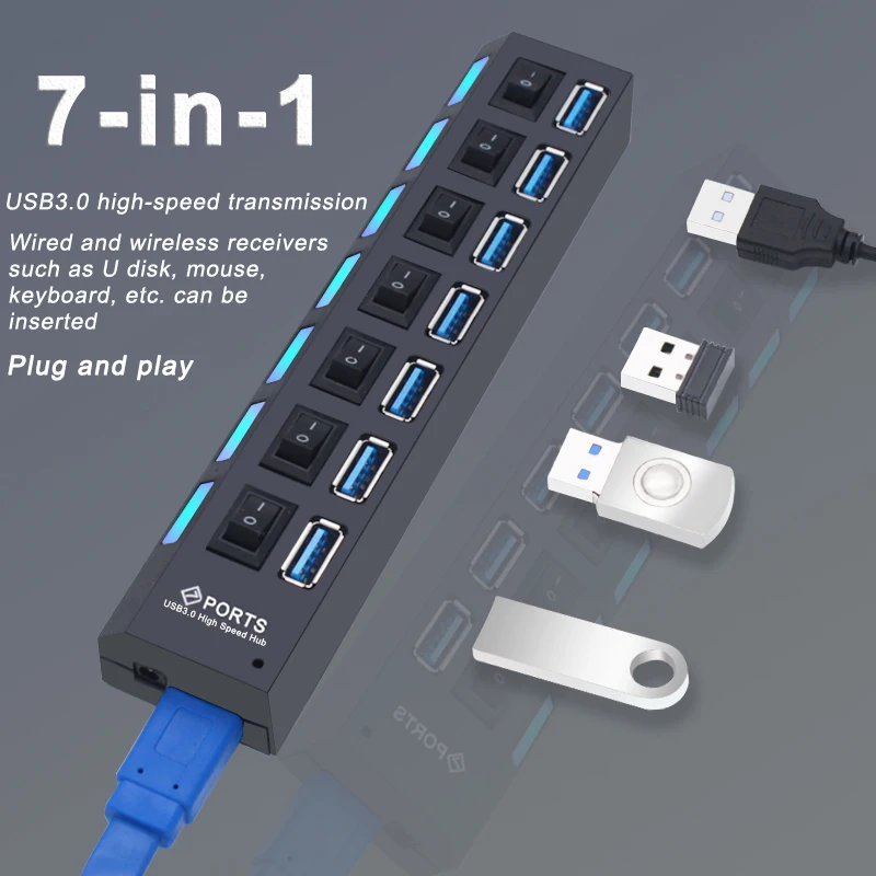 USB 허브 3.0 허브 USB 2.0 멀티 USB 분배기 전원 어댑터, 4/7 포트 다중 확장기 2.0, PC 액세서리용 스위치 포함, USB 3