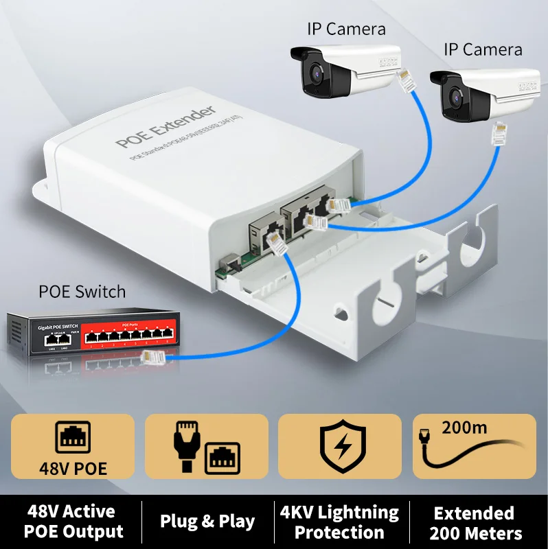STEAMEMO 방수 POE 익스텐더, POE 리피터, POE 카메라 리버스 POE 스위치, IEEE802.3AF/AT 표준, 2 포트, 100Mbps