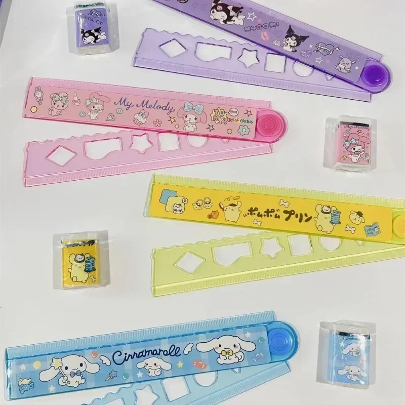 산리오 시나모롤 쿠로미 마이 멜로디 연필 지우개, 연필 깎이 눈금자 문구 세트, 귀여운 만화 학용품 선물