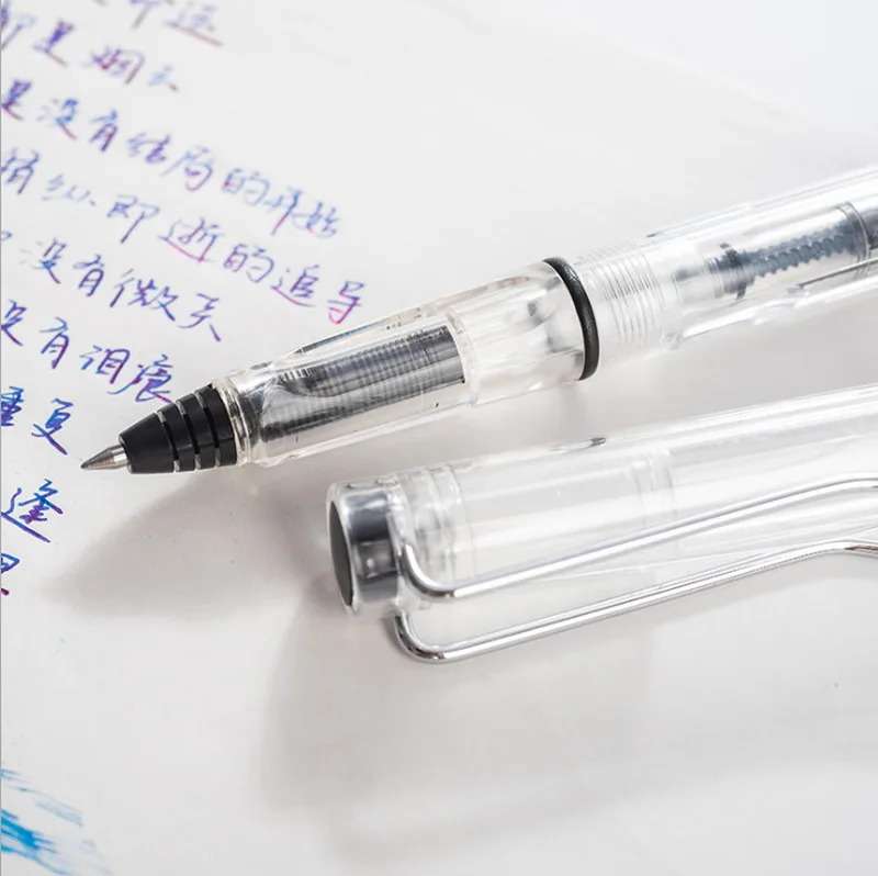 2 개/로트 만년필-타입 젤 펜 0.38/0.5mm 투명 서예 서명 펜 교체 가능한 잉크 주머니 및 잉크 펜 흡수 가능