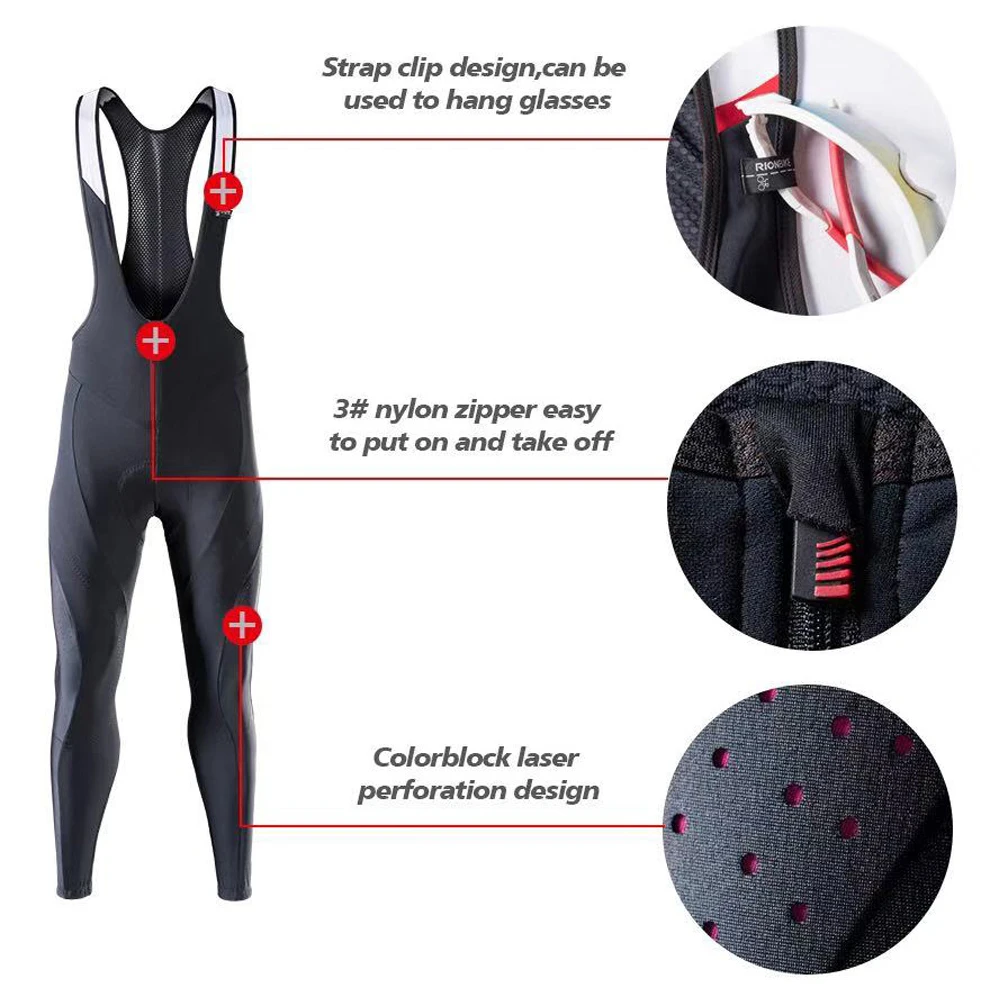 RION-남성용 겨울 보온 양모 사이클링 빕 팬츠, 산악 자전거 지퍼 사이클링 타이즈, 프로 팀 젤 패딩 MTB 자전거 롱 팬츠