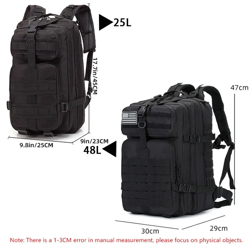 나일론 전술 배낭, 캠핑 남자 군사 배낭, 대용량 방수 사냥 팩, 스포츠 트레킹 낚시 가방, 48L, 25L