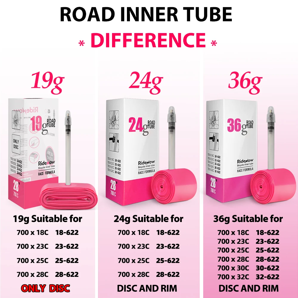 RideNow 초경량 자전거 내부 튜브, TPU 소재 타이어 프렌치 밸브, 초경량, MTB 도로 자전거, 19g, 24g, 36g, 700x18, 25, 28