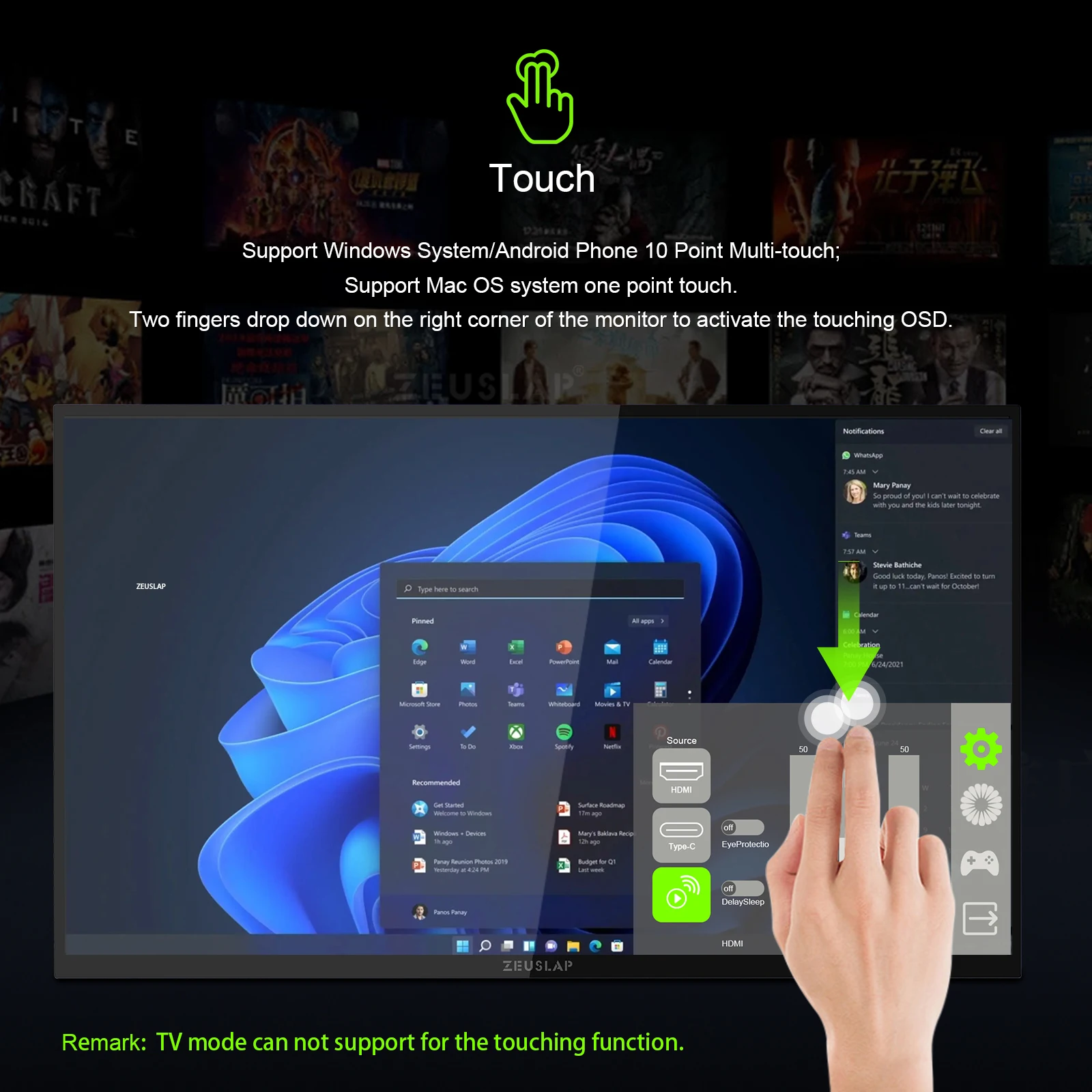 ZEUSLAP 스마트 휴대용 모니터, 미니 PC 노트북 휴대폰 Xbox PS4 PS5 스위치용, 구글 TV 터치 스크린 디스플레이, Z18TV PRO, 18.5 인치
