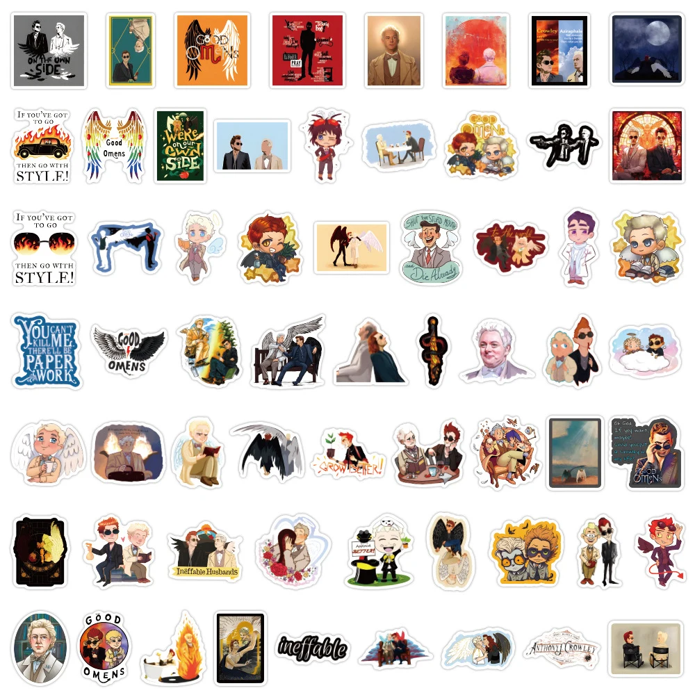 TV 쇼 좋은 징조 스티커, 천사와 악마 만화 데칼, DIY 수하물 노트북 오토바이 자전거 비닐 스티커 장난감, 10 개, 30 개, 60 개