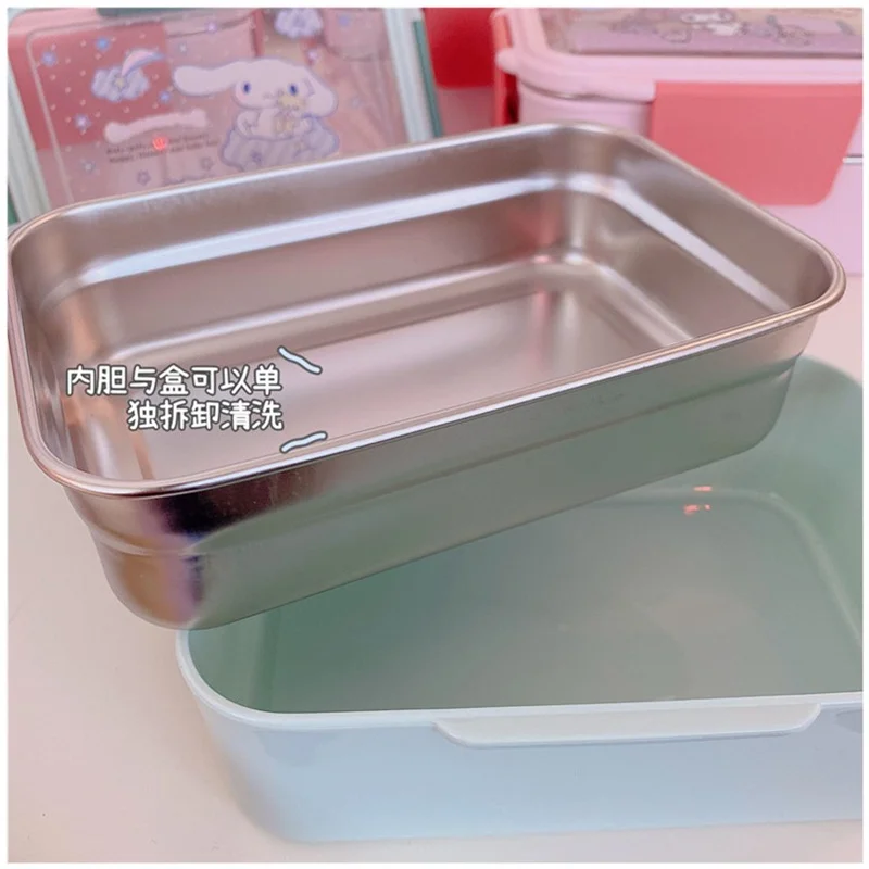 귀여운 산리오 쿠로미 이중 레이어 도시락 도시락, 쌀과 스테인레스 스틸 단열, 화상 방지 구획, 시나모롤 식기