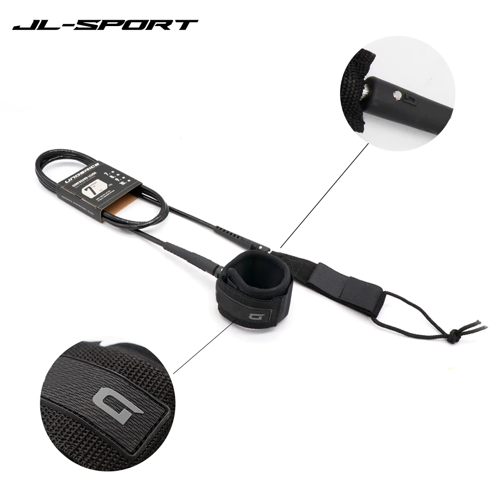 서핑 보드 가죽 끈, TPU 발 로프, Nlack 스트레이트 서핑 가죽 끈, 간단한 포장, 6 ~ 9FT, 7mm 브랜드