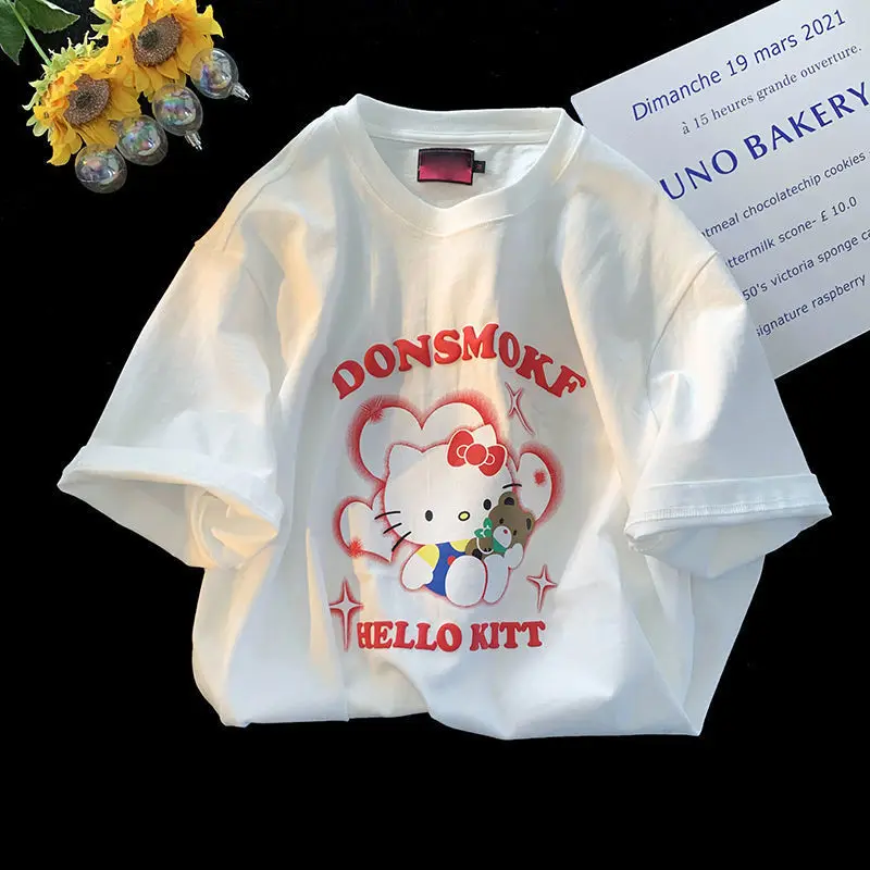 산리오 헬로 키티 프린트 티셔츠, Y2k 시나모롤 만화 의류, 한국 반팔, 루즈 티 셔츠, 카와이 상의