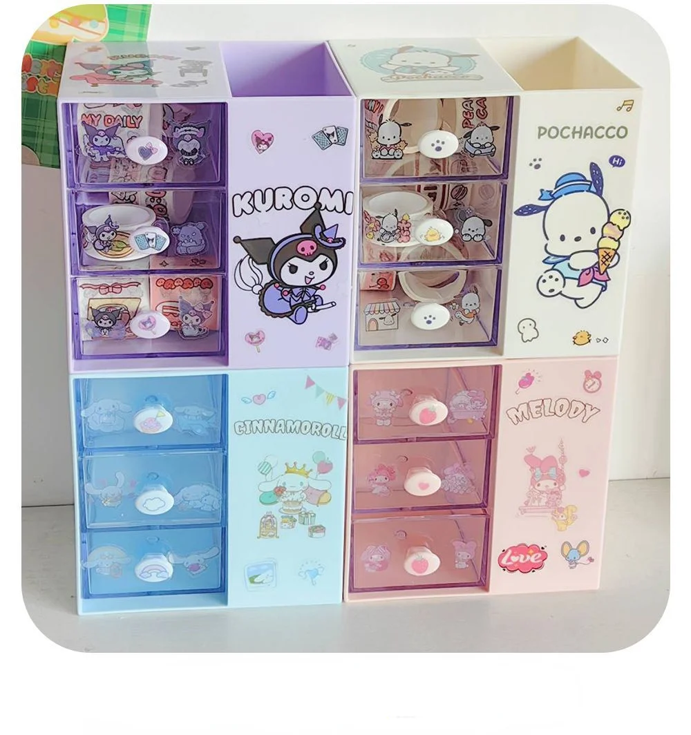 산리오스 마이 멜로디 수납함 쿠로미 시나모롤 포카코 펜 홀더 서랍 정리함 애니메이션 가와이 미니 쥬얼리 캐비닛 선물