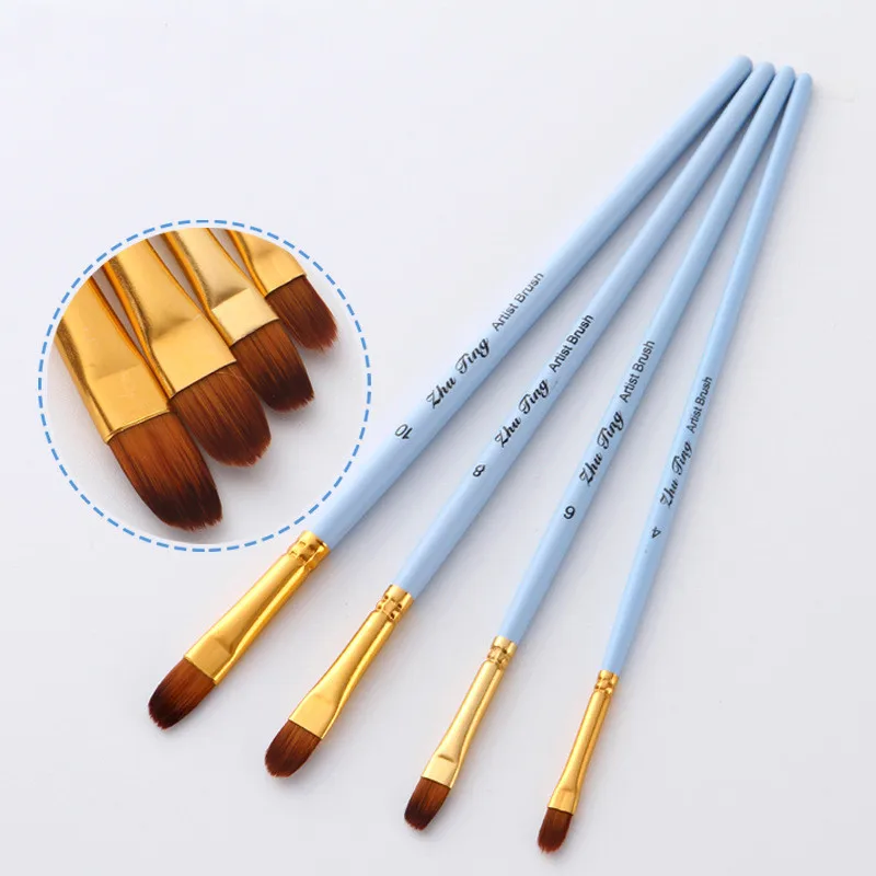 아크릴 나일론 헤어 나무 손잡이 수채화 페인트 브러시 펜 세트, 학습용 DIY 유화 미술 페인트 브러시 용품, 4 개