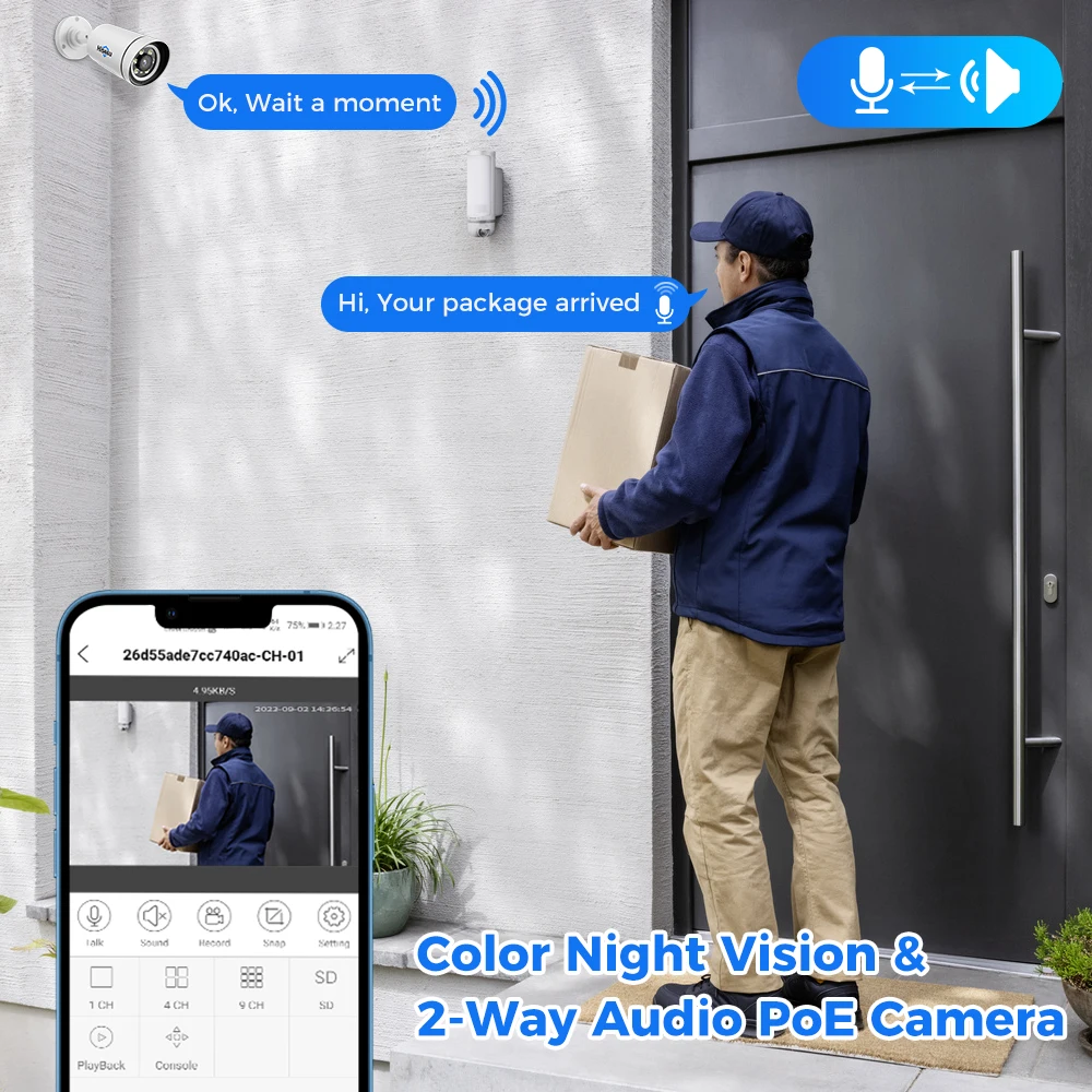 Hiseeu-4K 8MP IP 카메라 야외 POE 비디오 감시 오디오 기록 CCTV 보안 거리 모션 알람 컬러 야간 투시경 ONVIF, 시큐리티 보호 아이피 사진 촬영 정확한 확대 정밀