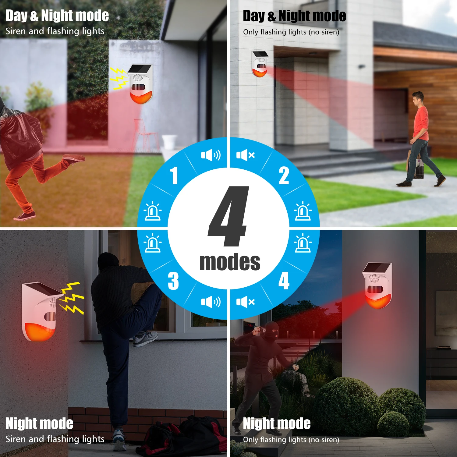 야외 태양광 PIR 적외선 경보 스마트 와이파이 사이렌 방수 무선 도난 스트로브 센서, 다양한 버전 사용 가능, 433MHz