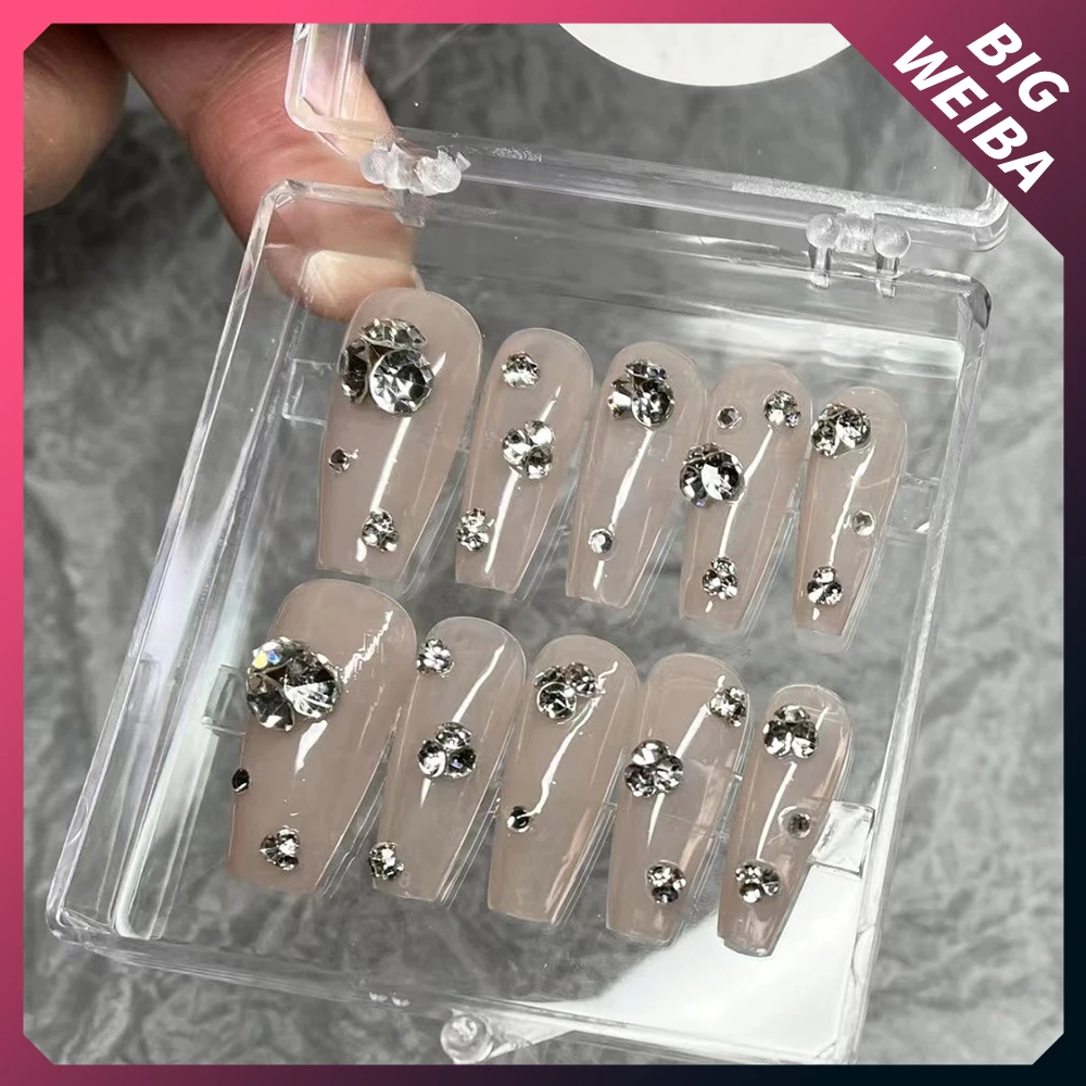 DIY 프렌치 발레리나 가짜 손톱, 귀여운 핑크 웨딩 나비 매듭, 다이아몬드 긴 관 스틸레토 손톱, 풀 커버 네일 팁