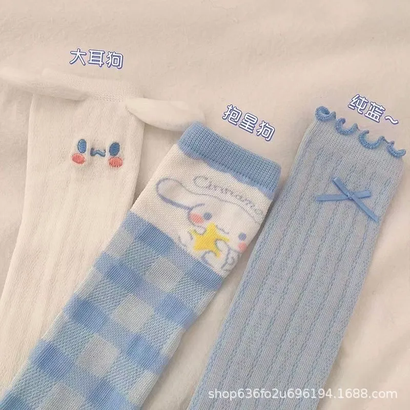 귀여운 애니메이션 산리오 미드 튜브 양말, 시나모롤, 귀여운 학생 가을, 사계절, 편안한 땀 흡수 양말, 소녀 장난감, 3 개