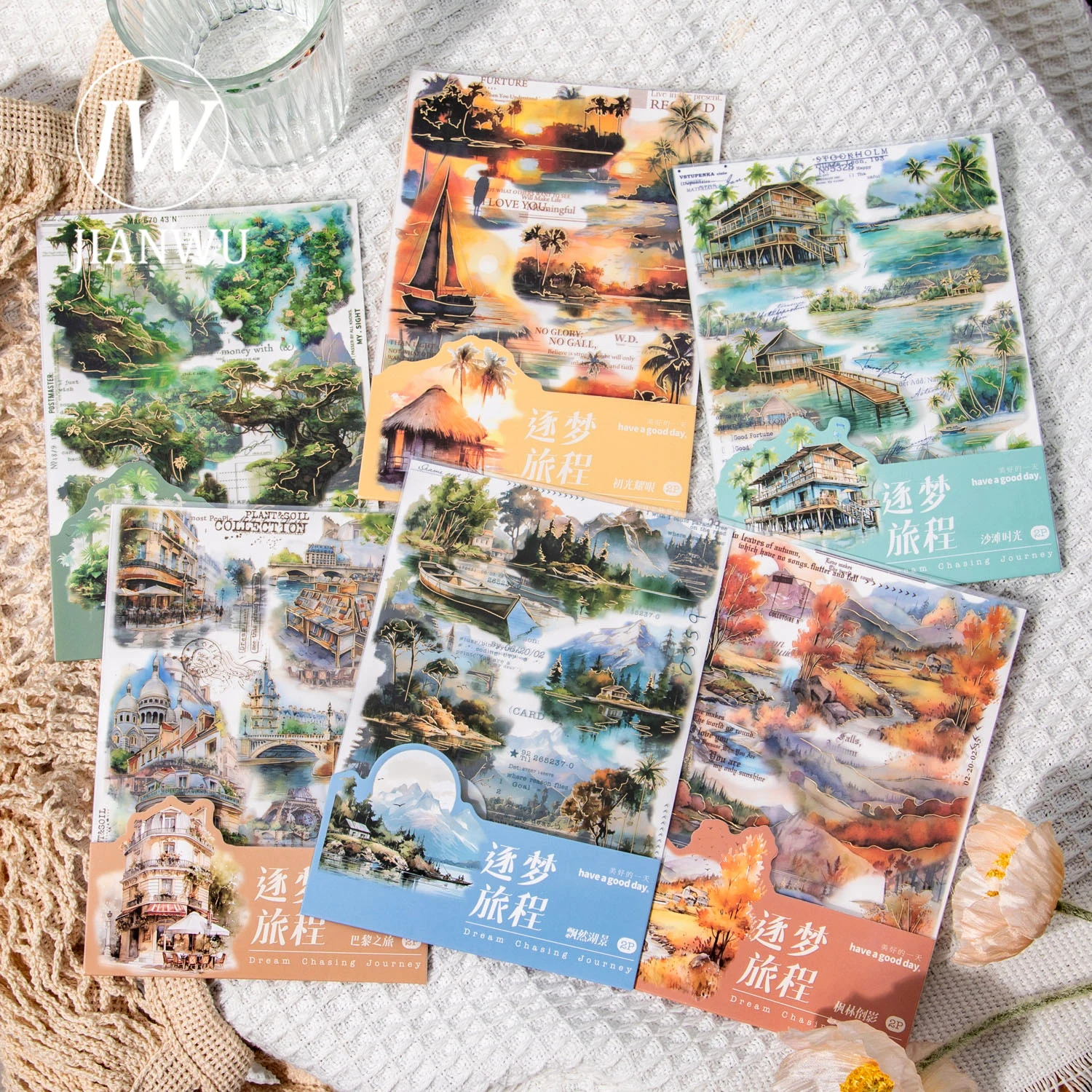 JIANWU 드림 체이싱 저니 시리즈 빈티지 풍경 콜라주 장식, 브론징 PET 스티커, 크리에이티브 DIY 저널 문구, 2 장