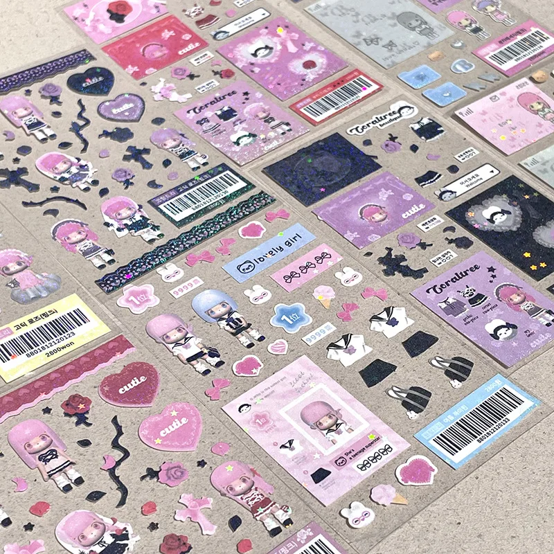 SKYSONIC-보보 코랄 풀 세트 시리즈 장식 스티커 스위트 걸 서브 한국어 DIY 스티커, 저널 정크 아젠다 문구 용품
