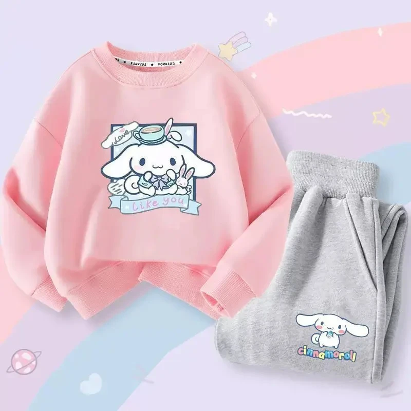 산리오 시나모롤 어린이 운동복 귀여운 애니메이션 용수철, 가을 캐주얼 맨투맨 후드 바지, 귀여운 소녀 의류, 2 개 세트
