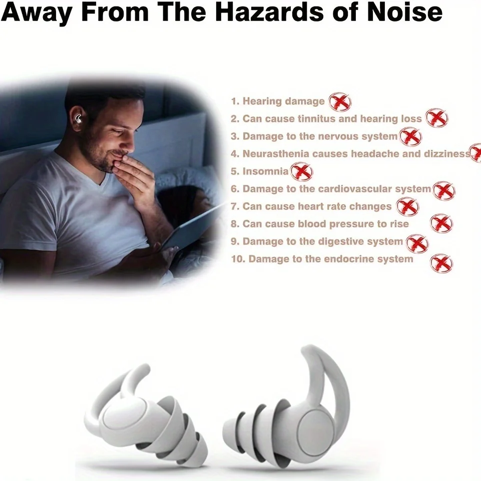 재사용 가능한 실리콘 소음 감소 차단 귀마개, 남녀공용 수영 귀마개, 수면 공부, 사무실 업무, 1 쌍, 3 층