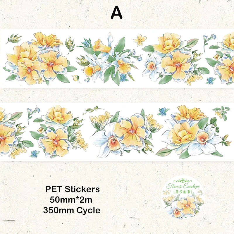 Journamm PET 테이프 꽃 스티커 콜라주 문구, DIY 스크랩북 플래너 장식, 정크 저널 미학 공예 테이프, 50mm * 2m