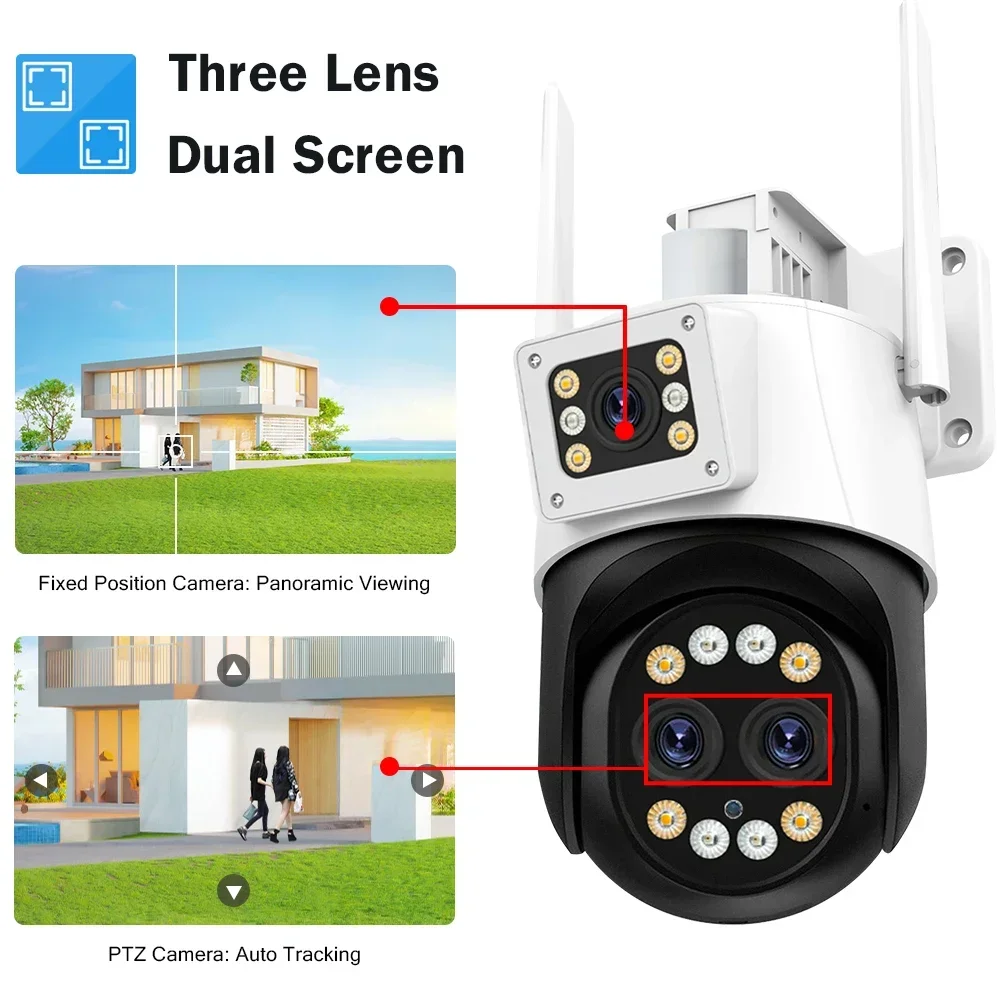 야외 와이파이 IP 카메라, 10X 광학 줌, 3 렌즈 렌즈, 듀얼 스크린 감시, 4K 8MP 비디오 CCTV 보안 카메라, 6K 12MP