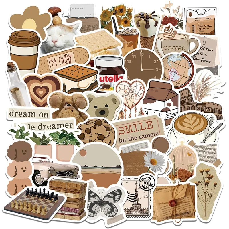 빈티지 브라운 스티커 미적 PVC 노트북 스케치북 어린이 문구 데코레이션 스크랩북 학교 용품, 10/30/60 개 title=빈티지 브라운 스티커 미적 PVC 노트북 스케치북 어린이 문구 데코레이션 스크랩북 학교 용품, 10/30/60 개