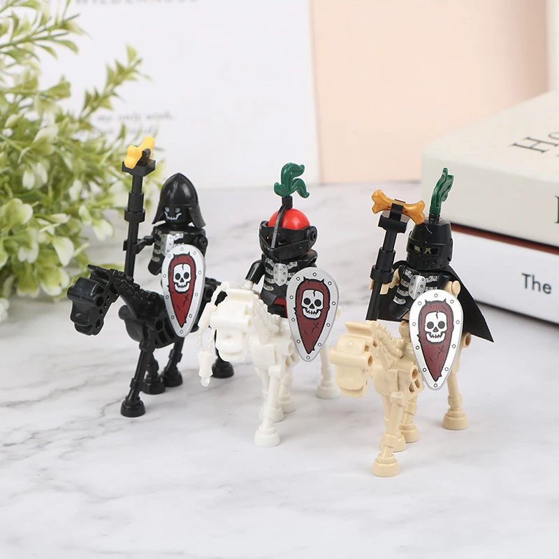 중세 성 기사 피규어, 십자군 로마 군인, 스파르타쿠스 전사, 글라디투스 해골, 말 방패 빌딩 블록 장난감