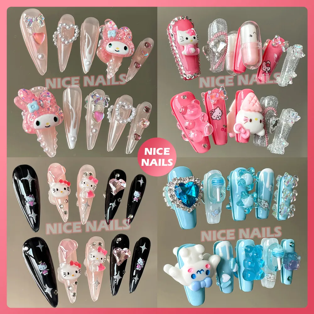 귀여운 만화 헬로 키티 네일, 마이멜로디, 쿠로미, 시나모롤, 귀여운 긴 관 스틸레토, 애니메이션 수제 풀 커버 네일 title=귀여운 만화 헬로 키티 네일, 마이멜로디, 쿠로미, 시나모롤, 귀여운 긴 관 스틸레토, 애니메이션 수제 풀 커버 네일 