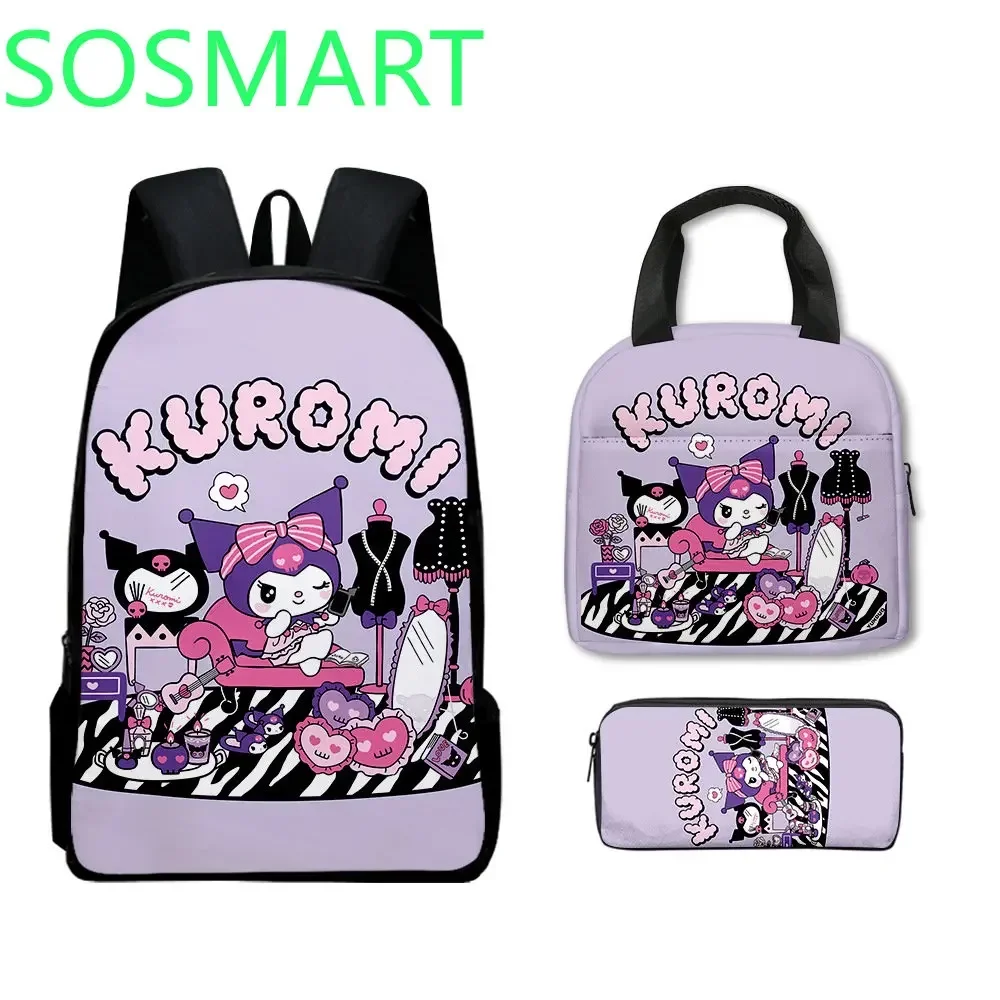 산리오 쿠로미 3D 프린팅 백팩, 초등학생 가방, 어린이 점심 가방, 연필 케이스, 대용량 스포츠 백팩, 3PCs