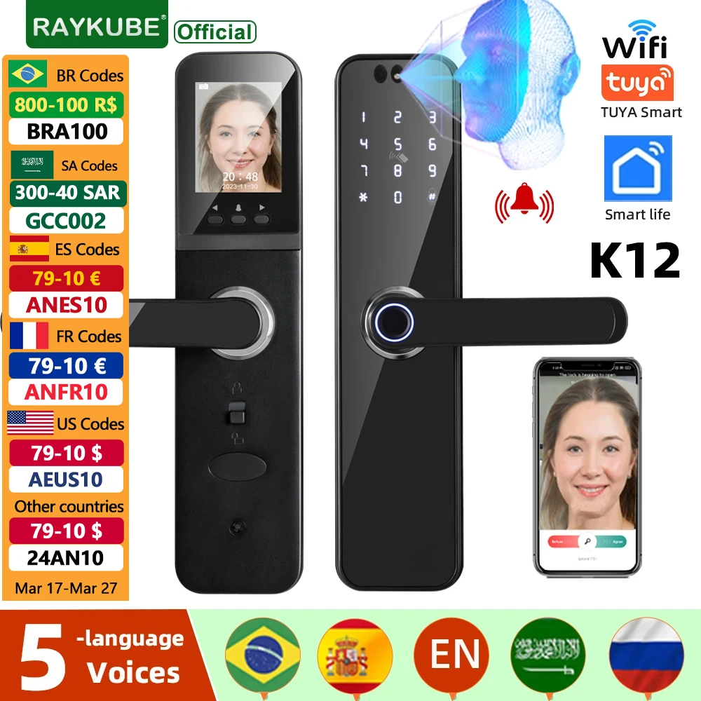 RAYKUBE K12 투야 와이파이 카메라 전자 잠금 장치, 3D 얼굴 인식 지문 스마트 문짝 잠금, 화면 충전식 배터리 포함 title=RAYKUBE K12 투야 와이파이 카메라 전자 잠금 장치, 3D 얼굴 인식 지문 스마트 문짝 잠금, 화면 충전식 배터리 포함 