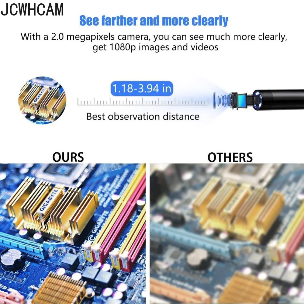 풀 HD 1080p 내시경 카메라, 마이크로 USB C 타입 안드로이드 스마트폰, 2M, 5M, 10m, 하드 플렉시블 와이어, 8mm 내시경 카메라 검사