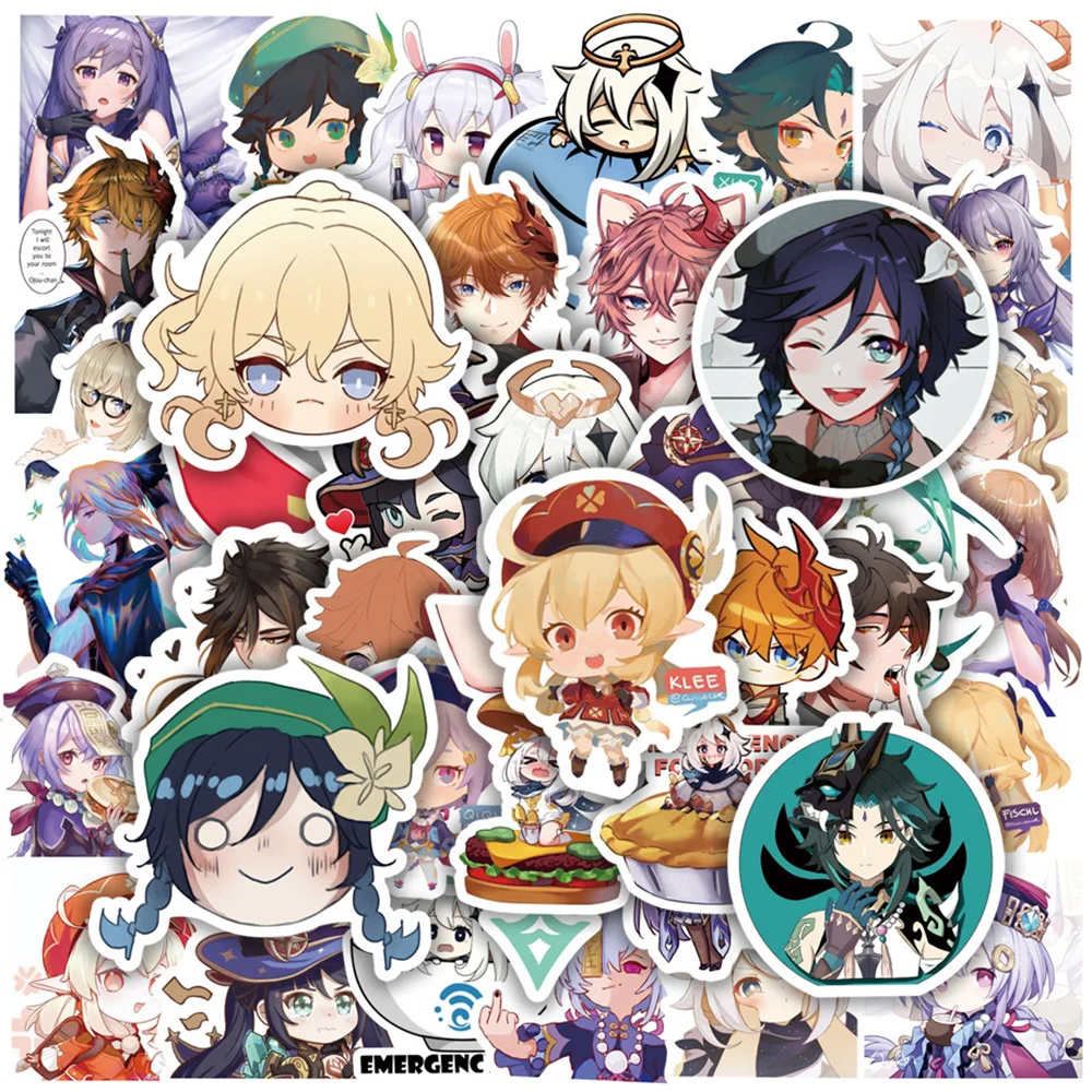 귀여운 게임 원신 충격 스티커 50/100 개, 만화 데칼 DIY 노트북 전화 케이스 자동차 방수 멋진 애니메이션 키즈 스티커 완구
