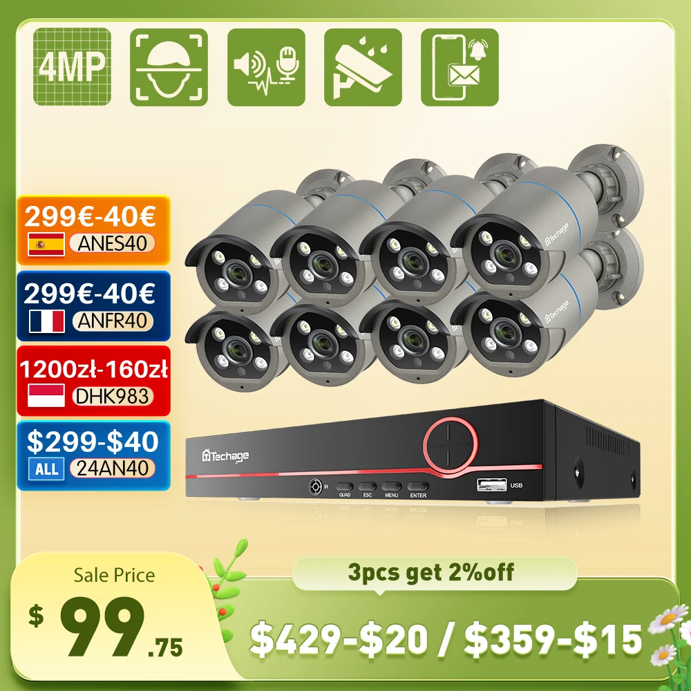 Techage-보안 카메라 시스템, POE NVR 키트, 8 채널, 4mp, P2P, CCTV 비디오 감시, 야외 오디오 기록, IP 카메라 title=Techage-보안 카메라 시스템, POE NVR 키트, 8 채널, 4mp, P2P, CCTV 비디오 감시, 야외 오디오 기록, IP 카메라 