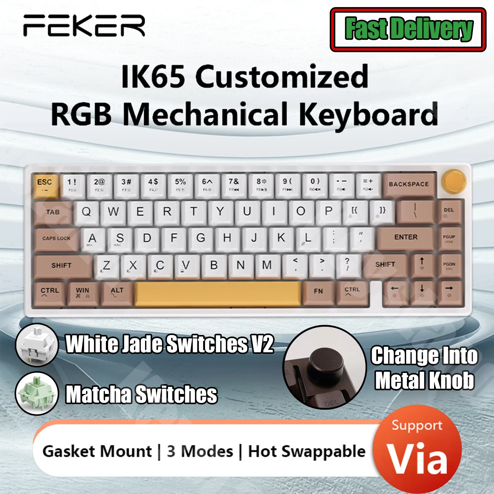 FEKER IK65 기계식 키보드, RGB 3 가지 모드 무선 지지대, 65% 4000mah PBT 키캡, 블루투스 2.4G 개스킷 노브 페이커 ik65 title=FEKER IK65 기계식 키보드, RGB 3 가지 모드 무선 지지대, 65% 4000mah PBT 키캡, 블루투스 2.4G 개스킷 노브 페이커 ik65 