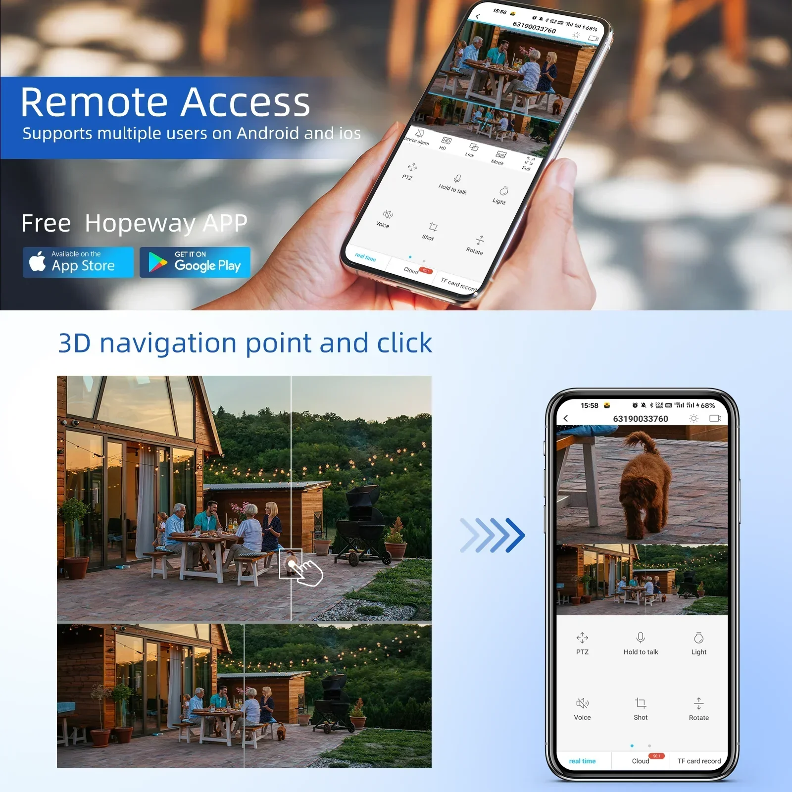 야외 와이파이 IP CCTV 비디오 감시 카메라, 모션 추적, HD PTZ 3 렌즈, 3 스크린 보안 보호, 방수, 15MP