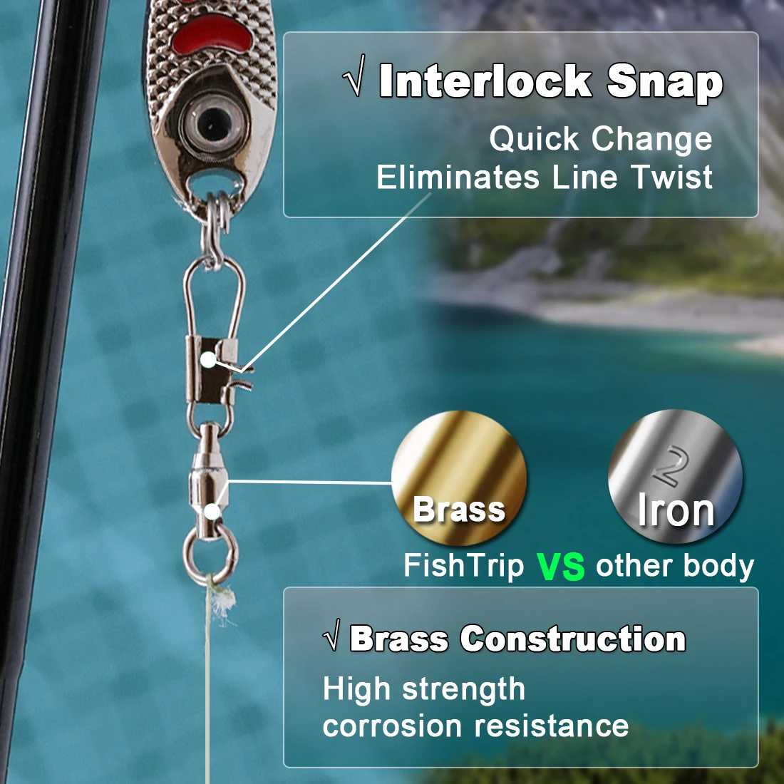FishTrip 인터록 스냅 볼 베어링 스위블, 스테인리스 스틸 크로스 락 스냅, 오징어 낚시 커넥터, 터미널 태클, 20-100 팩