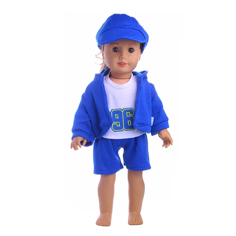 4Pcs 스포츠 세트 = 18 인치 미국 및 43 CM 태어난 아기 인형 의류 액세서리 세대 크리스마스 선물용 티셔츠 + 바지, 모자 + 의류 + 티셔츠 + 바지