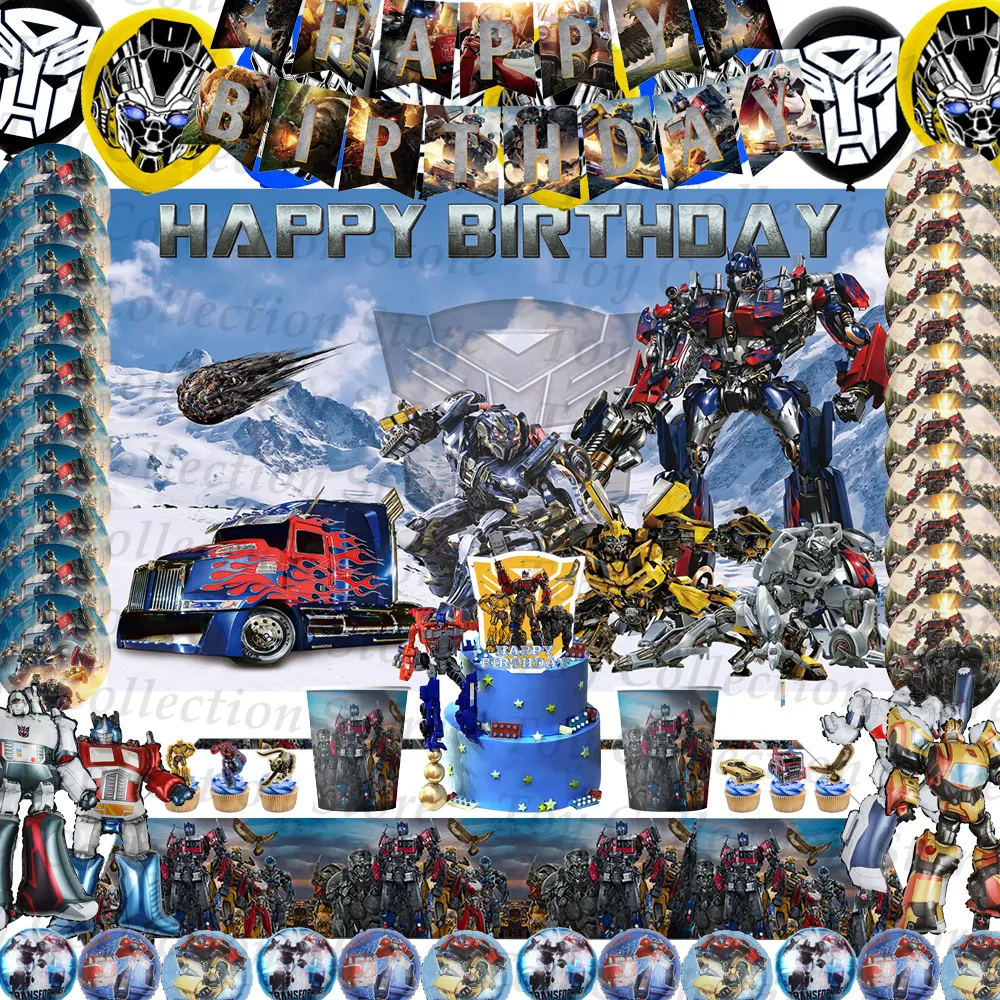 파티 용품 트랜스포머 영화 파티 장식, 어린이 생일 식기 풀 세트, 플레이트 컵 테이블보, 라텍스 호일 풍선 title=파티 용품 트랜스포머 영화 파티 장식, 어린이 생일 식기 풀 세트, 플레이트 컵 테이블보, 라텍스 호일 풍선
