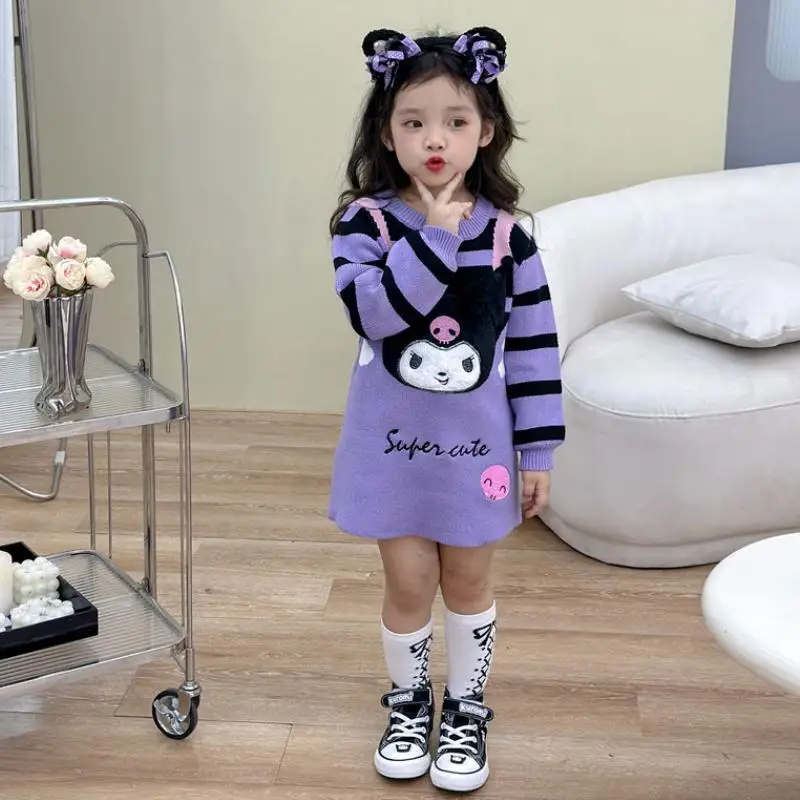 산리오스 시나모롤 마이 멜로디 쿠로미 스위트 스트라이프 플러시 아이 스웨터 드레스, 입체 만화 귀여운 소녀 긴팔 드레스