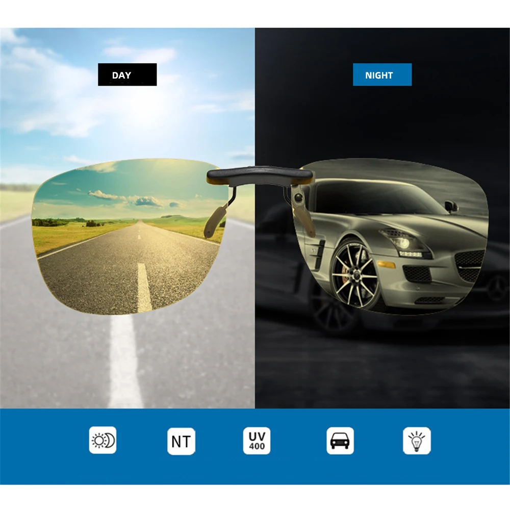 사각 클립 온 선글라스, 편광 블랙 렌즈, UV400 야간 투시경, 운전 남성 고글 클립, 눈부심 방지 빈티지 안경