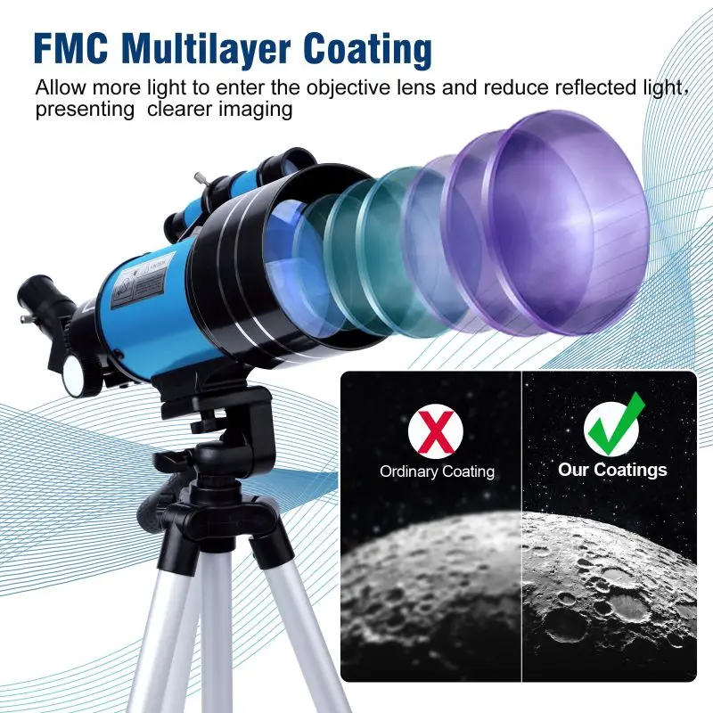TICALA 천체 망원경, 천문학 초보자용 굴절 망원경, 블루투스 카메라, 전화 홀더 포함, 150X, 70mm