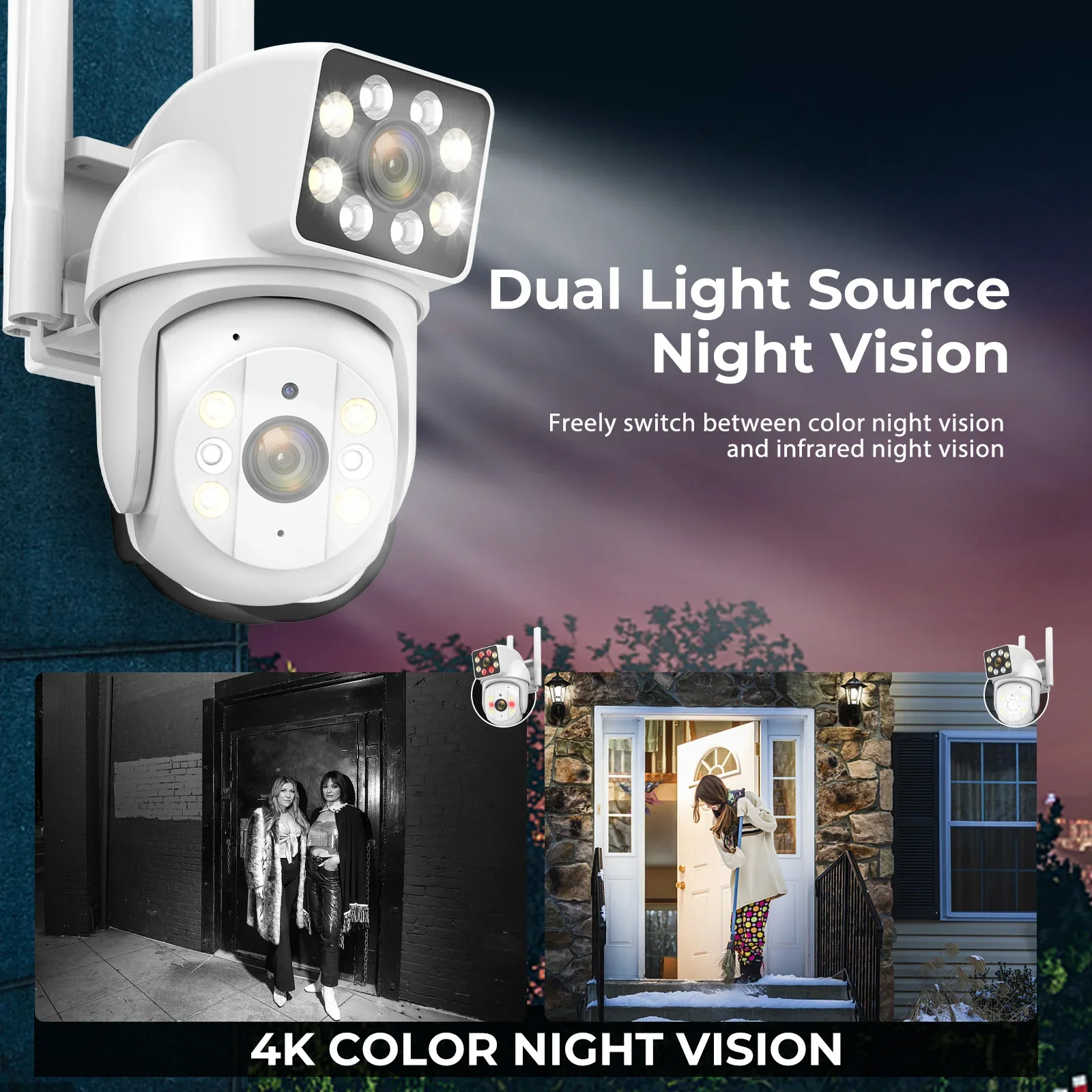 PTZ IP 와이파이 카메라, 듀얼 렌즈, 8 배 줌 감시 카메라, 야외 CCTV, 인간 감지 추적, 컬러 야간 투시경, 방수, 8MP
