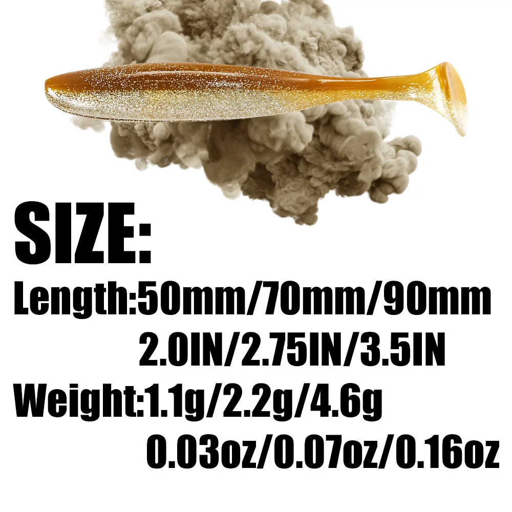 B & U T 테일 웜 소프트 루어, 쉬운 샤이너, 인공 소프트 미끼, 배스 낚시 워블러 악취 추가, 50mm, 70mm, 90mm