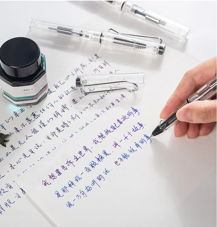 2 개/로트 만년필-타입 젤 펜 0.38/0.5mm 투명 서예 서명 펜 교체 가능한 잉크 주머니 및 잉크 펜 흡수 가능