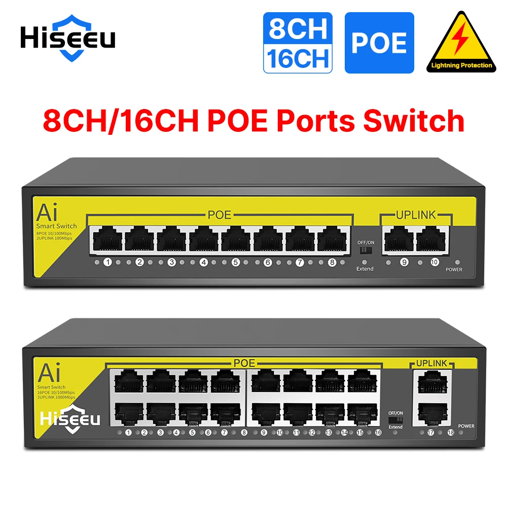 Hiseeu IP 카메라 CCTV 보안 카메라 시스템 무선 AP용, 48V 8/16 포트 POE 스위치 이더넷 10/100Mbps IEEE 802.3 af/at title=Hiseeu IP 카메라 CCTV 보안 카메라 시스템 무선 AP용, 48V 8/16 포트 POE 스위치 이더넷 10/100Mbps IEEE 802.3 af/at 