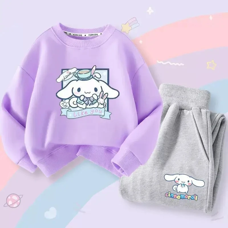 산리오 시나모롤 어린이 운동복 귀여운 애니메이션 용수철, 가을 캐주얼 맨투맨 후드 바지, 귀여운 소녀 의류, 2 개 세트
