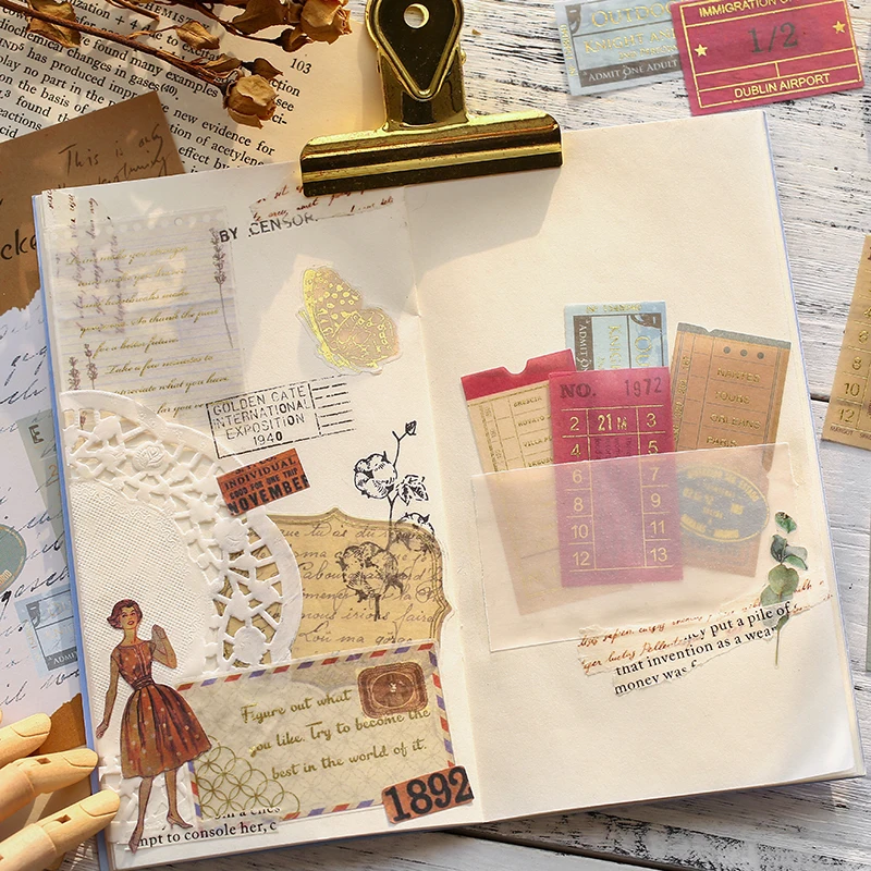 빈티지 레트로 브론징 스탬핑 와시 스티커, 여행 식물 스티커, DIY 총알 저널링 데코 문구 스티커, 팩당 40 개