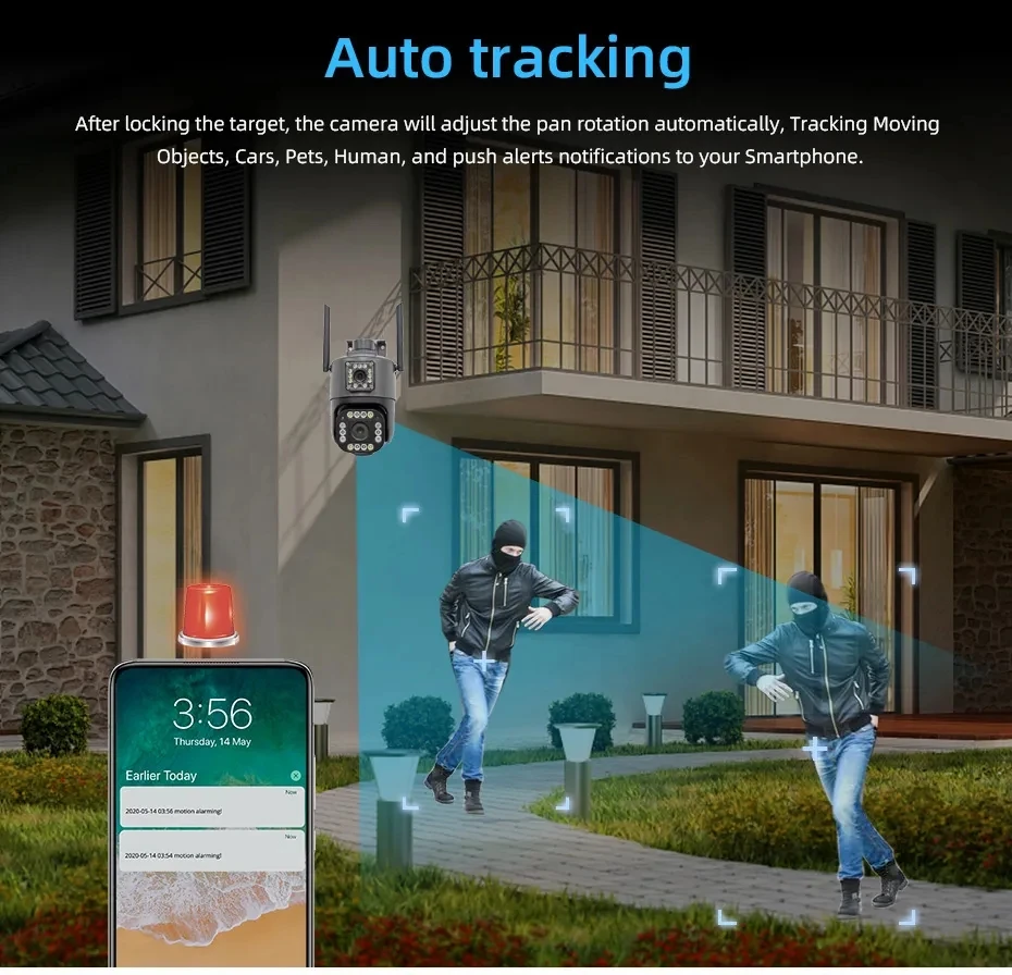 Yoosee IP 카메라 듀얼 렌즈 IP PTZ 야외 방수 IP66 자동 추적 양방향 오디오 컬러 야간 투시경 보안 카메라, 4K 8MP