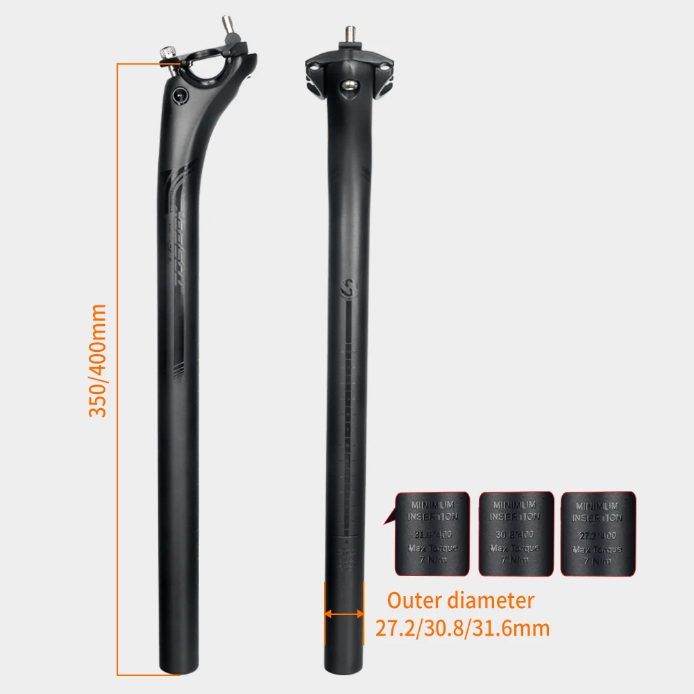TOSEEK MTB 및 로드 바이크 카본 시트포스트, 27.2mm 30.8mm 31.6mm, 매트 블랙 시트 포스트, 길이 400mm, 시트 튜브, 자전거 부품