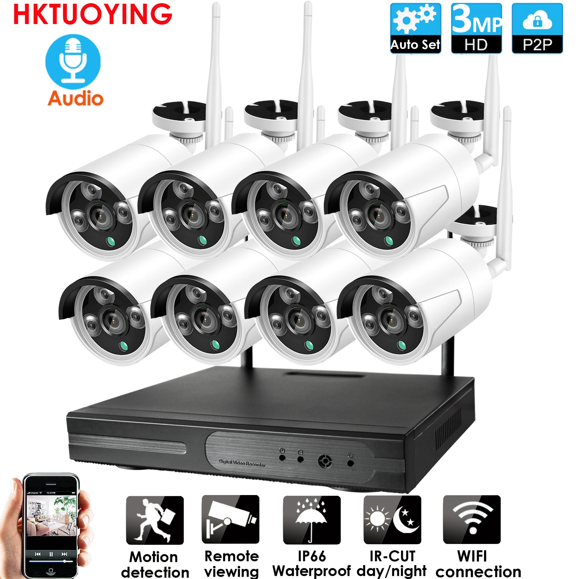 야외 실내 와이파이 IP 보안 1080P 네트워크 카메라 감시 키트, 8CH 오디오 CCTV 시스템, 무선 3MP NVR, P2P, IPPRO AP title=야외 실내 와이파이 IP 보안 1080P 네트워크 카메라 감시 키트, 8CH 오디오 CCTV 시스템, 무선 3MP NVR, P2P, IPPRO AP 